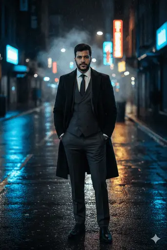 Cinematic portrait set against a moody and dramatic street background