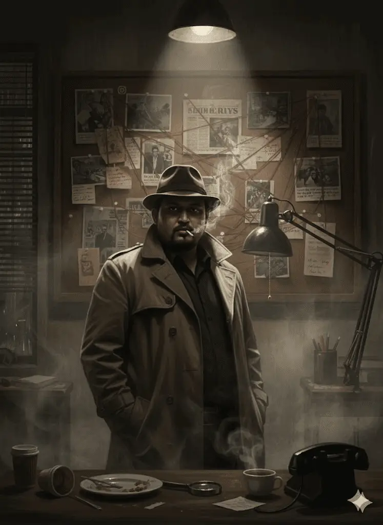 Classic detective inspecting evidence under dim noir style lighting