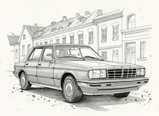 Classic ink wash painting of a damaged house and vehicle
