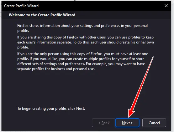 Click Next to begin the Firefox Create Profile Wizard process.