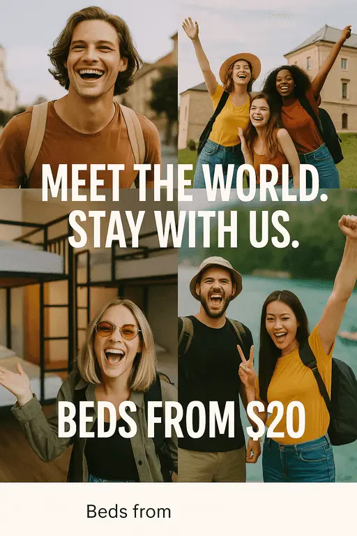 Colorful and fun promotional poster for a budget hostel.