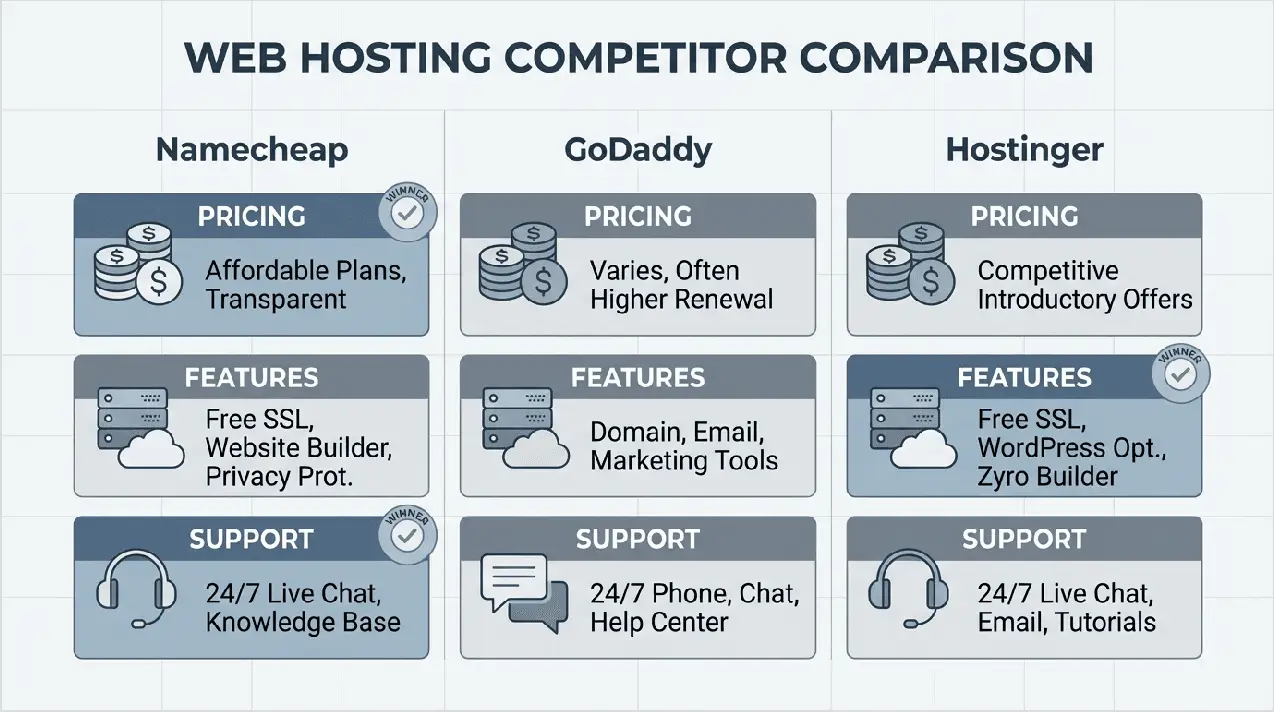 Comparison chart evaluating Namecheap against other major domain and hosting providers.