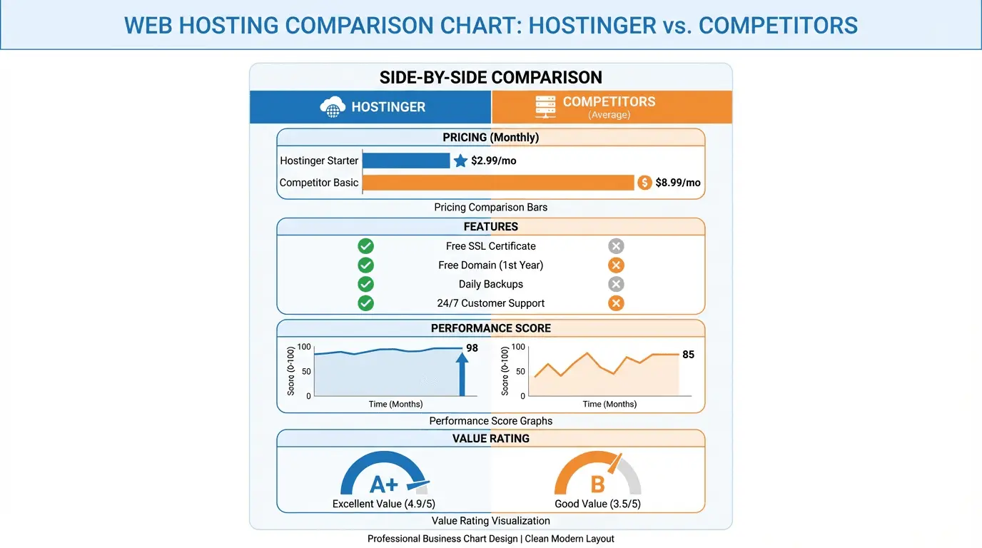 Comparison chart of Hostinger versus other hosting competitors.