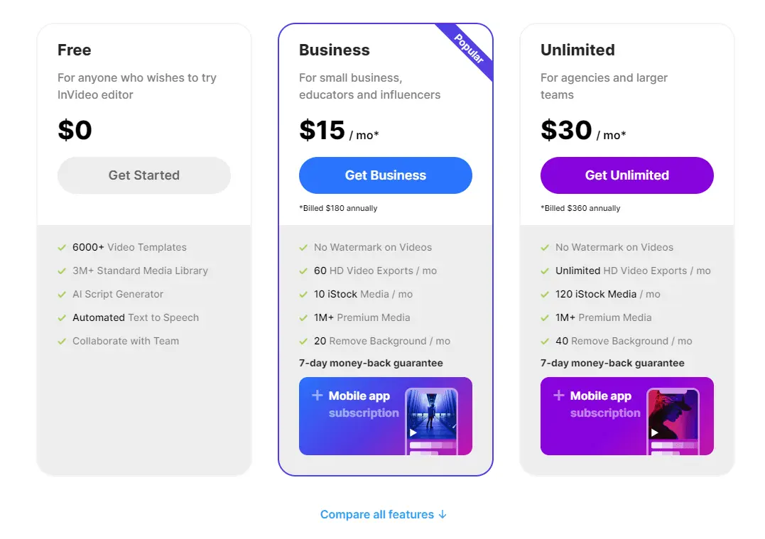 Comparison of official pricing plans for InVideo subscription options