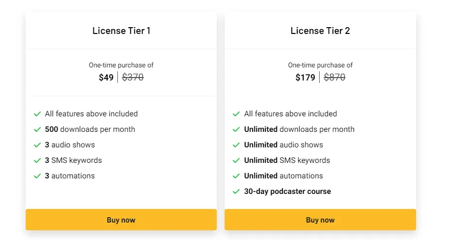 Comparison table of Hiro.fm pricing plans available on AppSumo