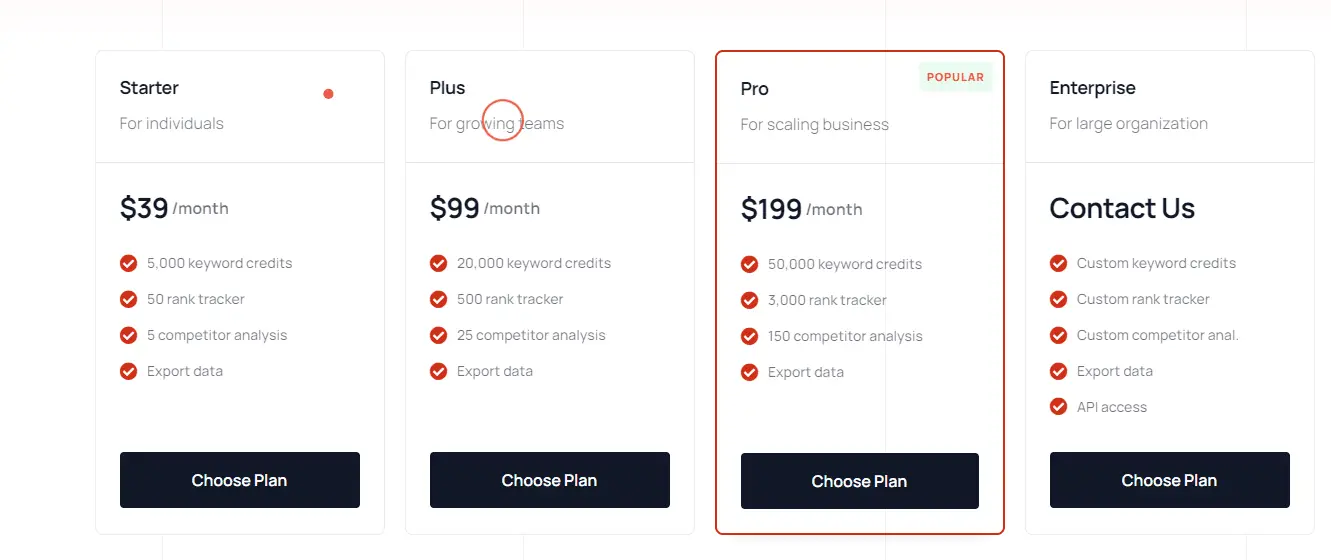 Comparison table of RankAtom regular pricing plans and features.