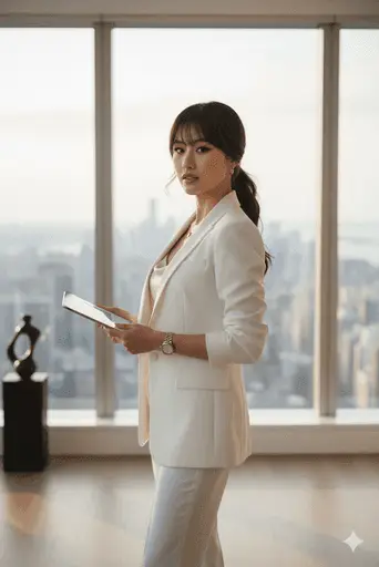 Confident professional woman working in a modern corner office