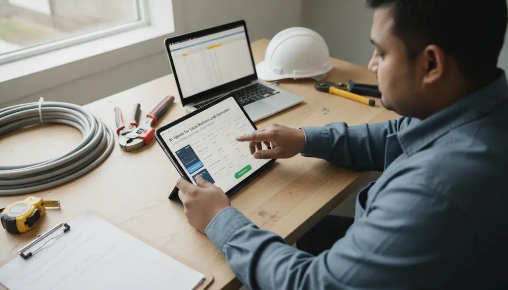 Contractor tablet displaying automated AI agent client intake and calendar scheduling interface.