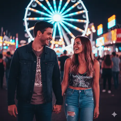 Couple celebrating together amidst glowing lights at a night festival
