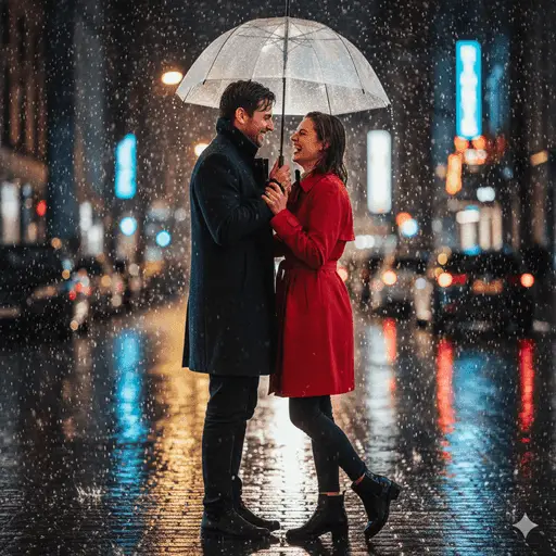 Couple dancing joyfully in the rain with cinematic lighting