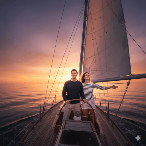 Couple embracing on a sailboat during a golden hour sunset