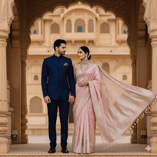 Couple in traditional attire at a majestic palace courtyard setting