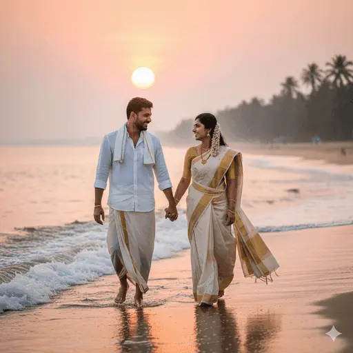 Couple in traditional sarees walking along a tropical Kerala beach