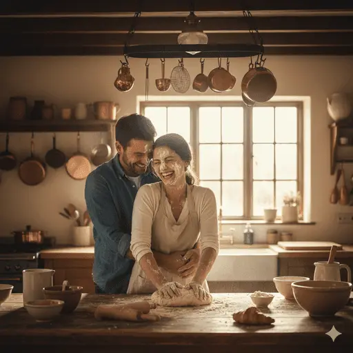 Couple laughing and cooking together in a cozy, sunlit kitchen