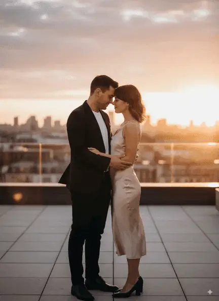 Couple laughing together in warm cinematic golden hour sunlight