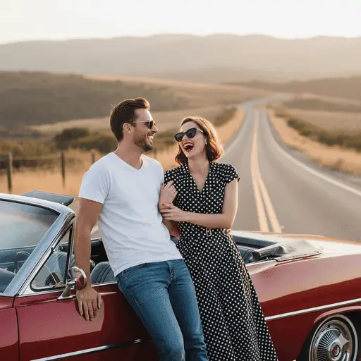 Couple posing stylishly next to a vintage classic car