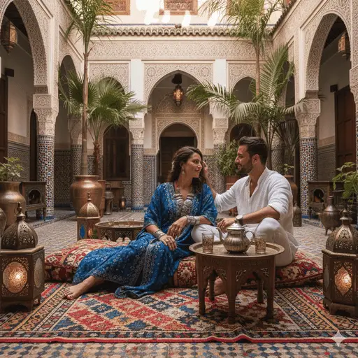 Couple relaxing in a beautiful, intricately designed Moroccan courtyard