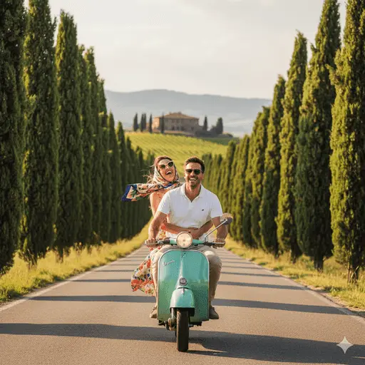 Couple riding a vintage Vespa through the rolling Tuscan countryside