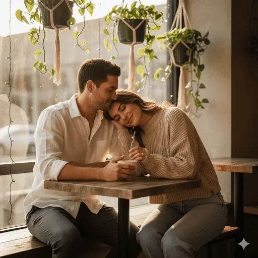 Couple sharing a romantic moment at a cozy outdoor cafe
