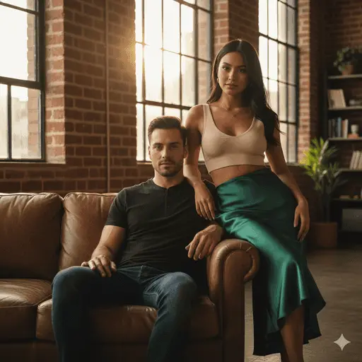 Couple sharing an intimate moment in a modern urban loft