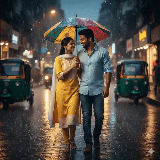 Couple sharing an intimate moment on a rainy city street