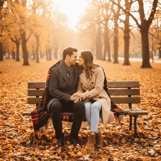 Couple smiling together surrounded by colorful autumn fallen leaves