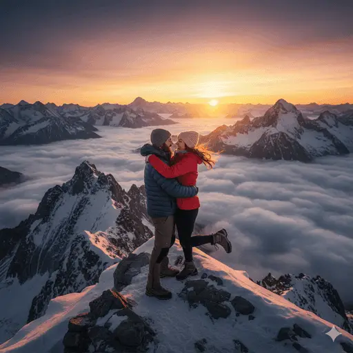 Couple standing on a mountain peak overlooking a scenic valley