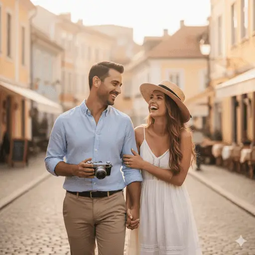Couple walking hand in hand down a romantic cobblestone street