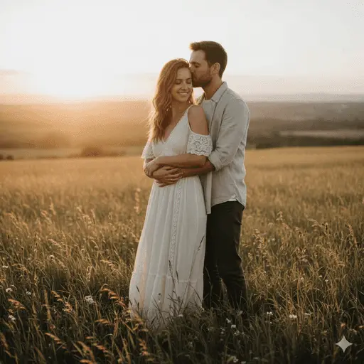 Couple walking through a sun-drenched golden meadow at sunset