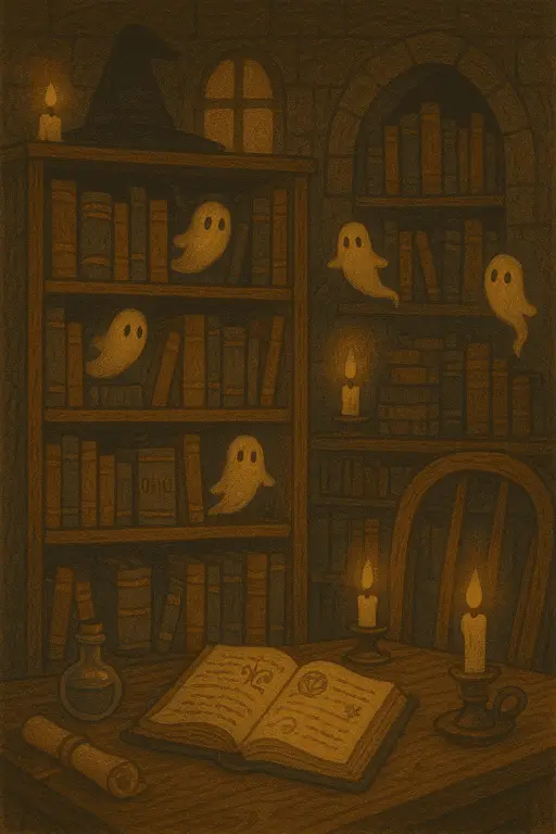 Cozy library filled with ancient spellbooks and glowing magical potions