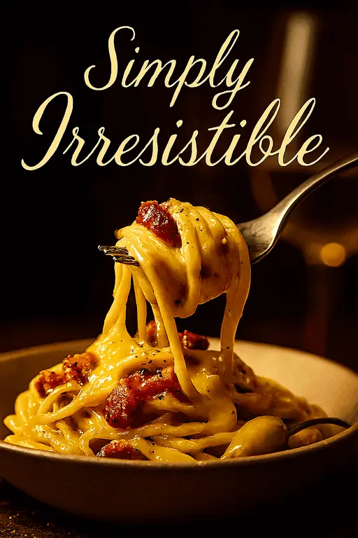 Creamy spaghetti carbonara pasta topped with crispy pancetta and parmesan.