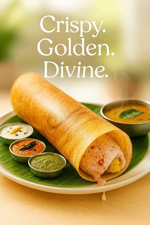 Crispy golden dosa served with traditional chutneys and sambar
