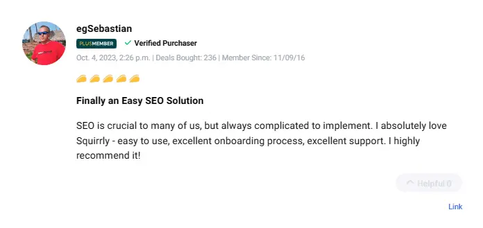 Customer feedback highlighting the benefits of Squirrly SEO features