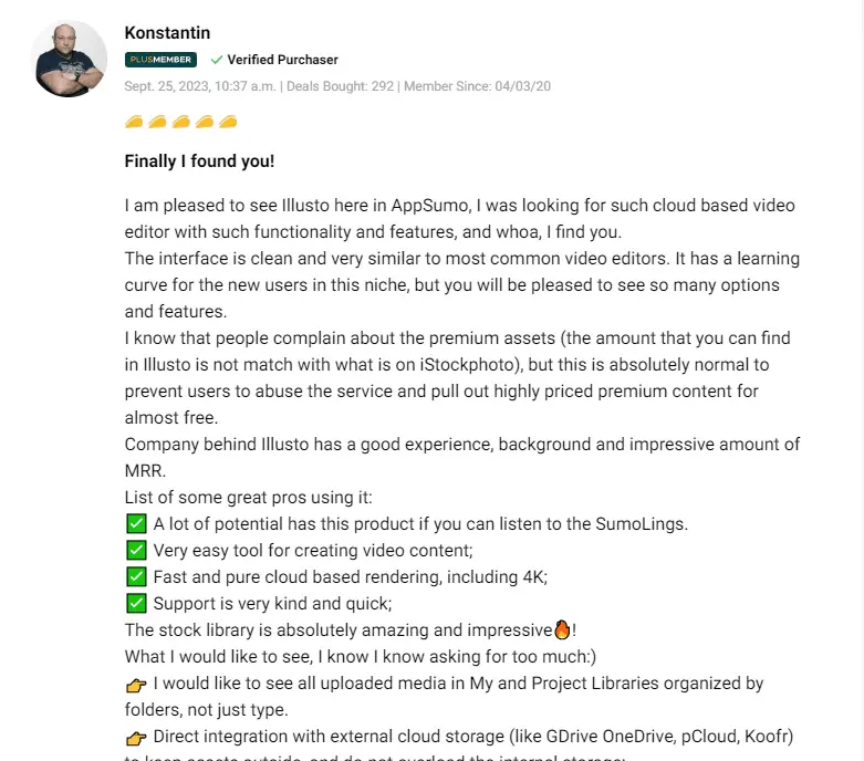 Customer feedback highlighting the benefits of using Illusto editor.