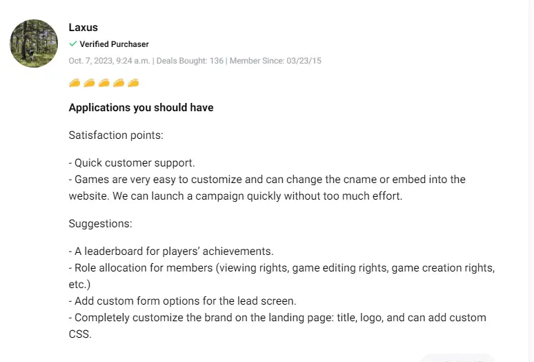 Customer feedback praising the ease of creating interactive gamified content.