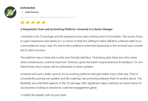 Customer feedback rating Answerly customer support highly.