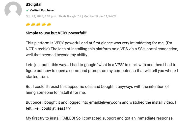 Customer feedback rating the EmailDelivery.com lifetime deal features