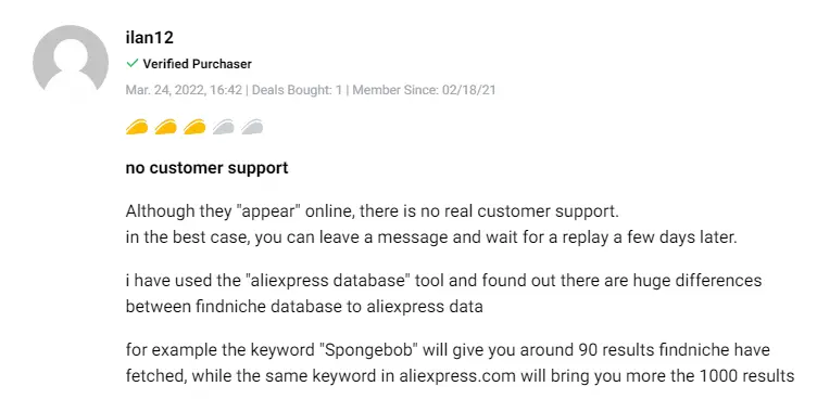 Customer rating and feedback regarding FindNiche product research capabilities