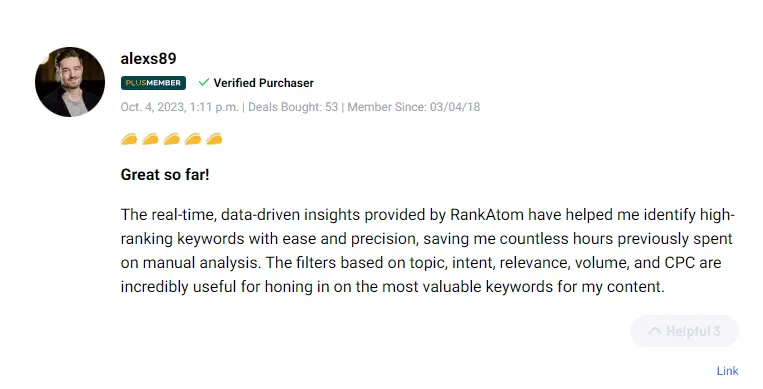 Customer ratings and comments on RankAtom software efficiency