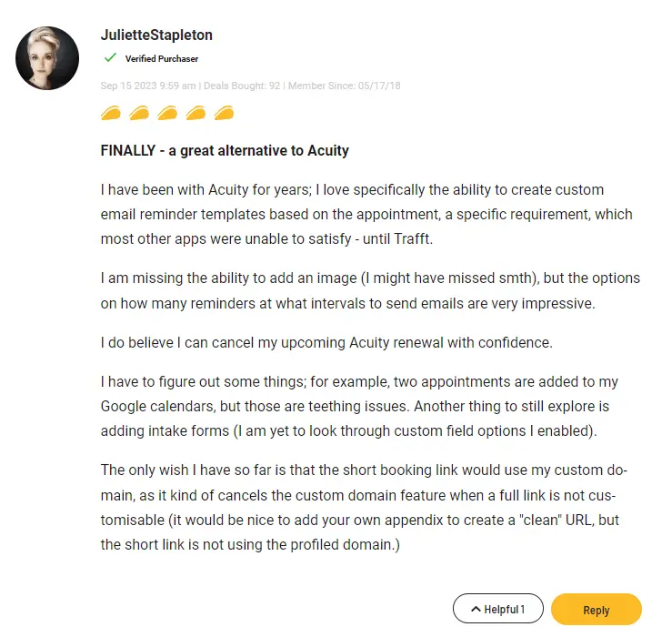 Customer reviews and testimonials about their Trafft experience.