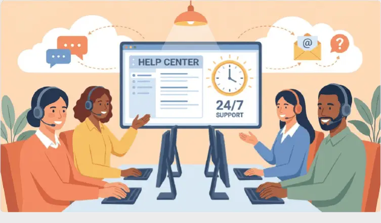 Customer support options showing twenty-four-seven help resources for users.