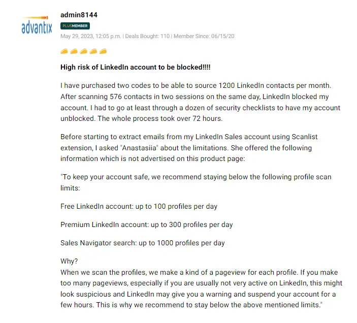 Customer testimonial discussing Scanlist database accuracy.