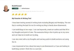 Customer testimonial praising the AI writing assistant features