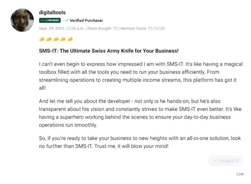 Customer testimonial praising the features of the SMS-iT CRM deal.