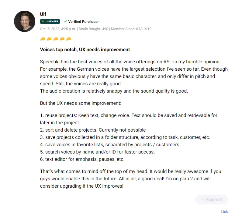 Customer testimonial praising the quality of Speechki human-like AI voices