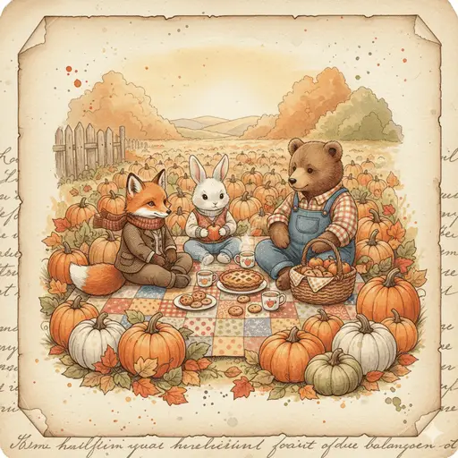 Cute autumn forest animals gathered together in a dark setting.