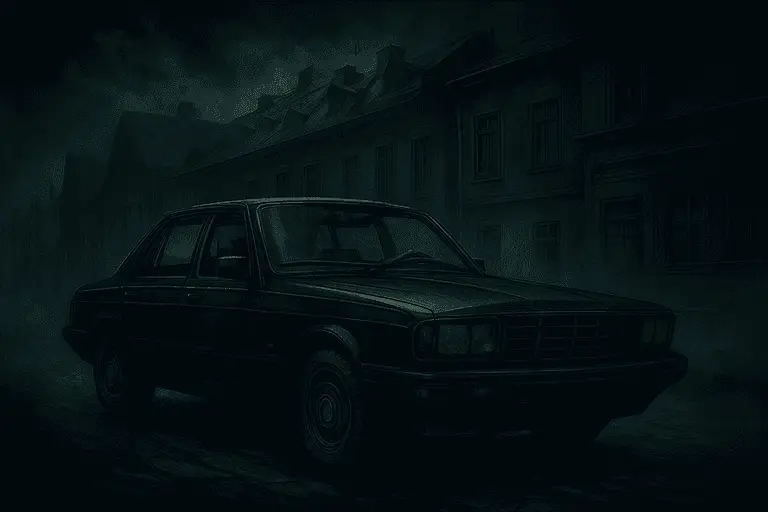 Dark gothic fantasy illustration of a ruined house and vehicle