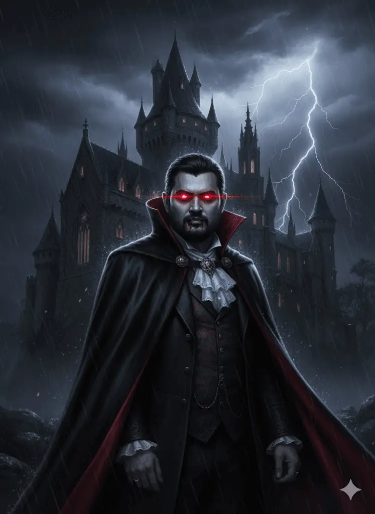 Dark gothic portrait with dramatic red lighting and vampire aesthetics.