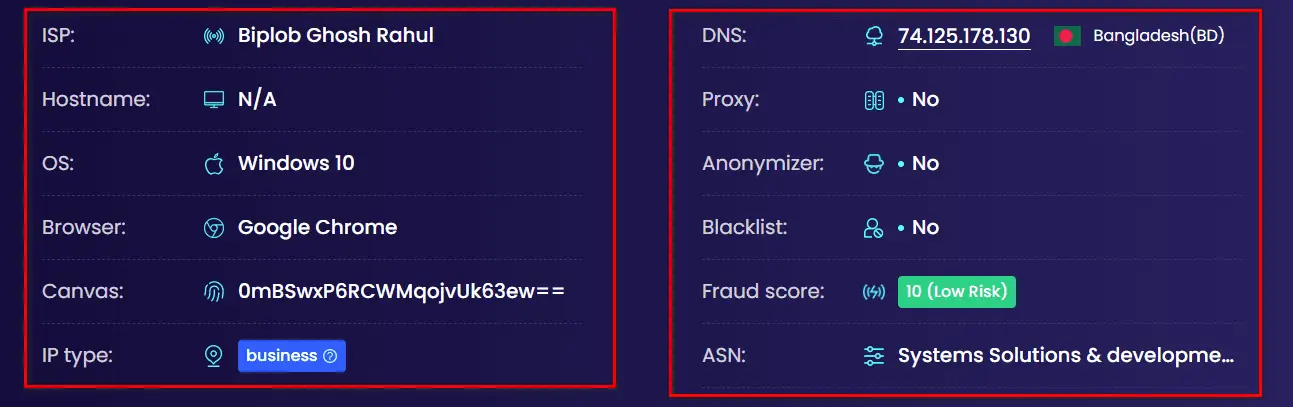 Dashboard showing a security score of one hundred percent for anonymity