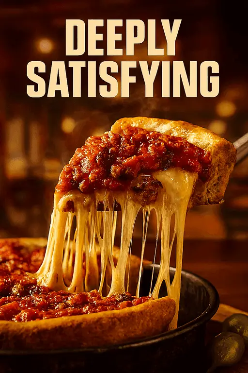 Deep dish Chicago pizza with thick crust and melting mozzarella cheese.
